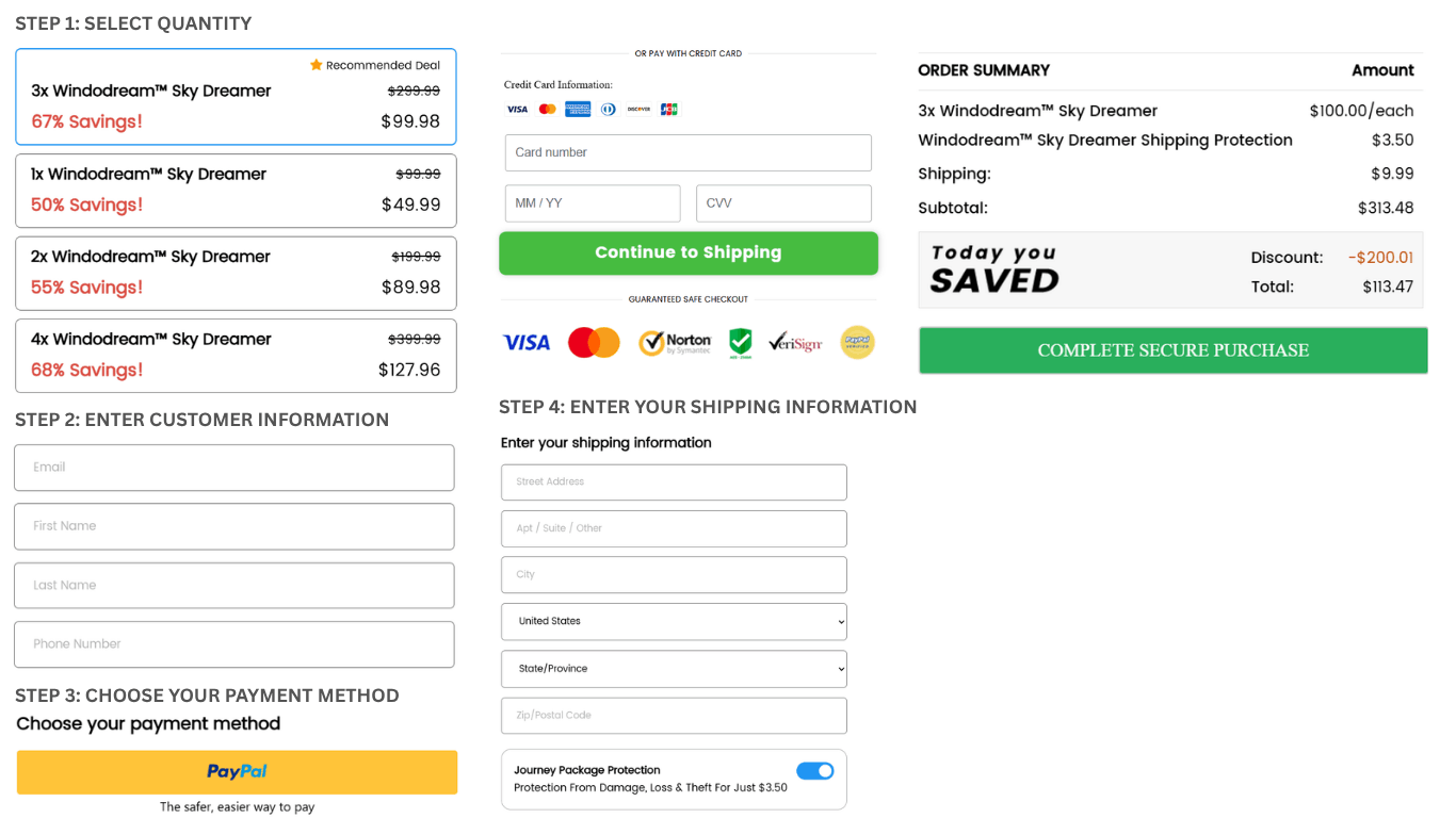 Windodream sky dreamer checkout page